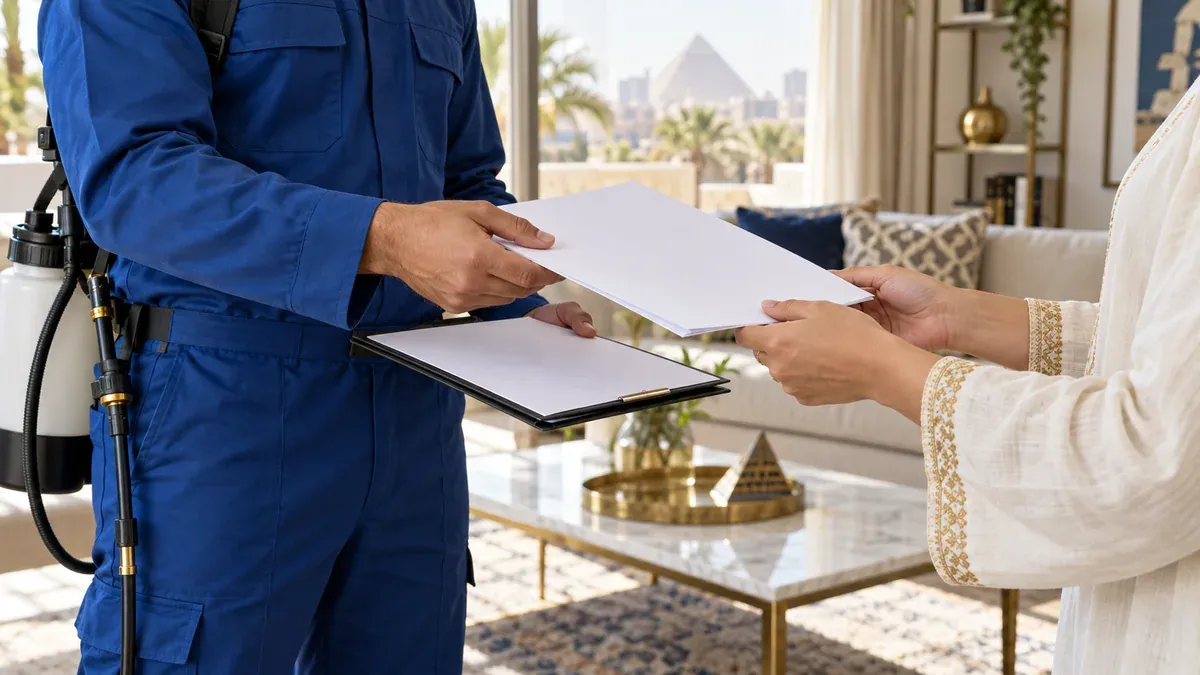فني مكافحة حشرات بيسلّم عميل تقرير المعالجة والضمان المكتوب