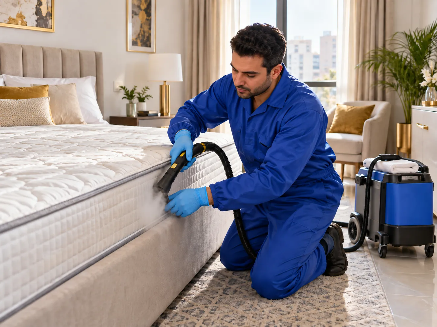 فني مكافحة حشرات بزي وقاية أزرق يعالج خيوط مرتبة بالبخار داخل غرفة نوم